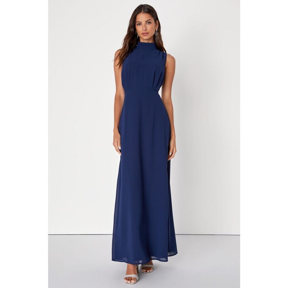 NWT Lulus Classic Elegance Navy Chiffon Sleeveless Mock Neck Maxi Dress Gala L